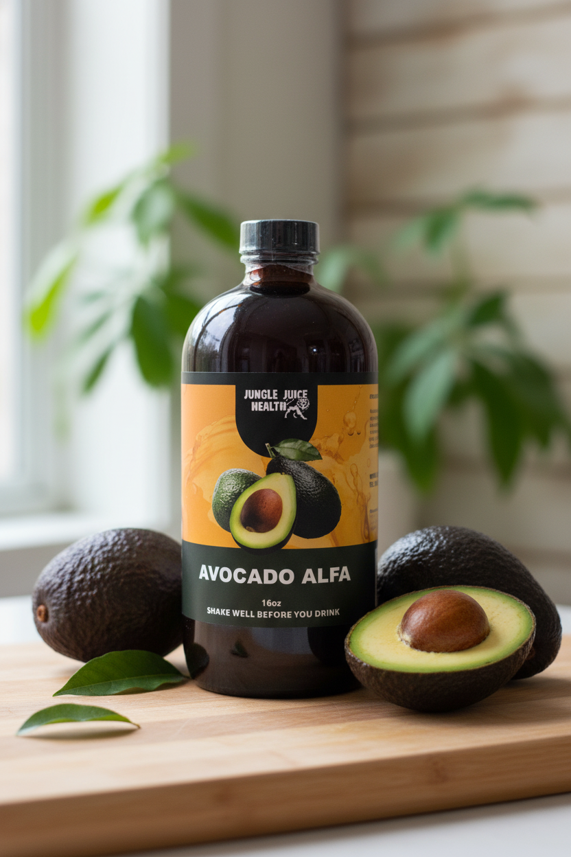 Jungle Juice Health Avocado Bitters in fresh wellness setting