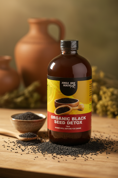 Jungle Juice Health Organic Black Seed Bitters in elegant wellness setting