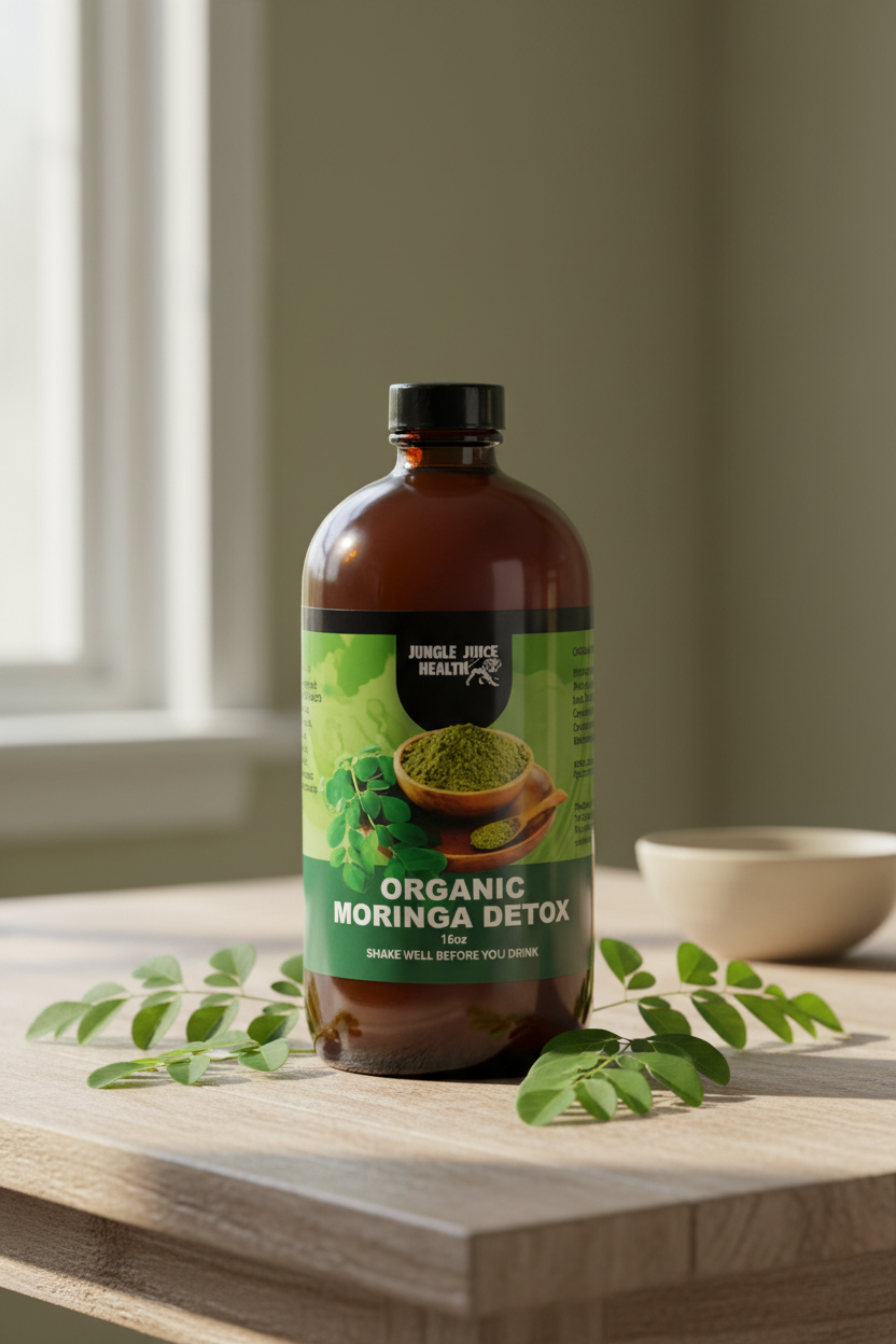 Jungle Juice Health Organic Moringa Bitters in natural wellness setting